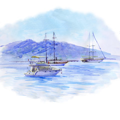 Obraz premium Seascape with sailboats. Watercolor illustration.