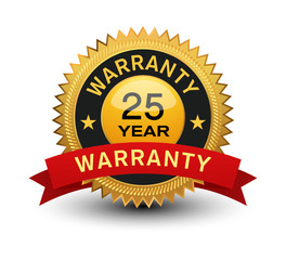 Top quality golden 25 year warranty banner, sticker, tag, icon, stamp, label, sign with red ribbon on top, isolated on white background.