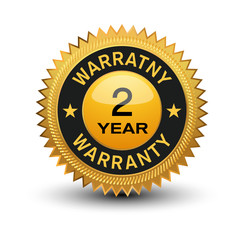 Top quality golden 2 year warranty banner, sticker, tag, icon, stamp, label, sign, isolated on white background.