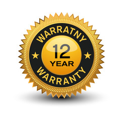 Top quality golden 12 year warranty banner, sticker, tag, icon, stamp, label, sign, isolated on white background.