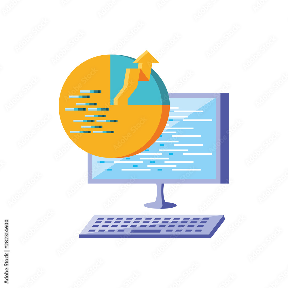 Poster desktop computer with statistical graphics circular