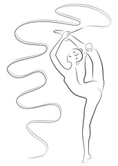 Rhythmic gymnastics. Silhouette of a girl with a ribbon. Beautiful gymnast. The woman is slim and young. Vector illustration.