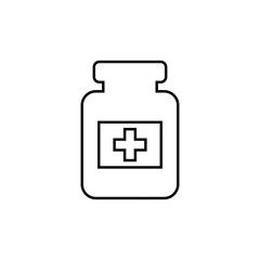 Medicine bottle with cross symbol, isolated line icon. Vector graphics, a linear pattern on a white background, eps 10.