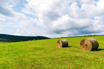 Agricultural landscape - idyllic farm field with hay bales on a sunny day