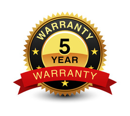 Strong, high quality, powerful, 5 year warranty badge, sign, seal, stamp, label with red ribbon on top.