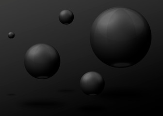Vector 3D realistic black marble balls, flying in the air, isolated on dark background.
