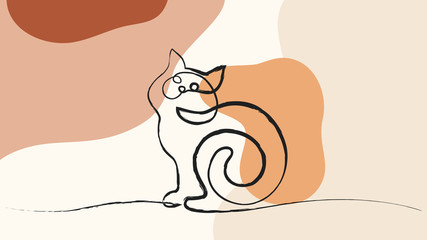 One line drawing. Cat sitting with curled tail