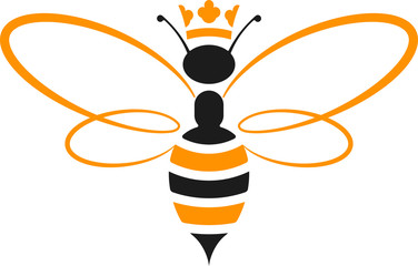 Queen bee icon with crown in yellow and black. Isolated and geometric.