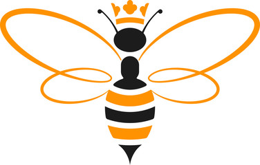 Queen bee icon with crown in yellow and black. Isolated and geometric.