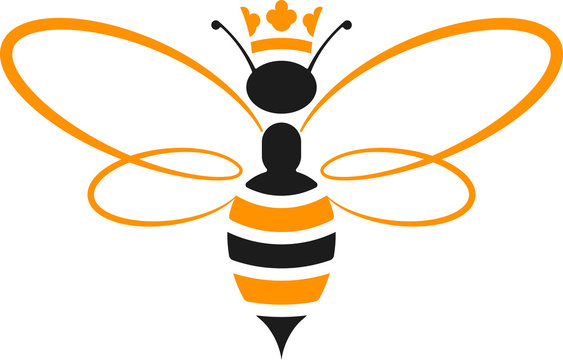 Queen bee icon with crown in yellow and black. Isolated and geometric.
