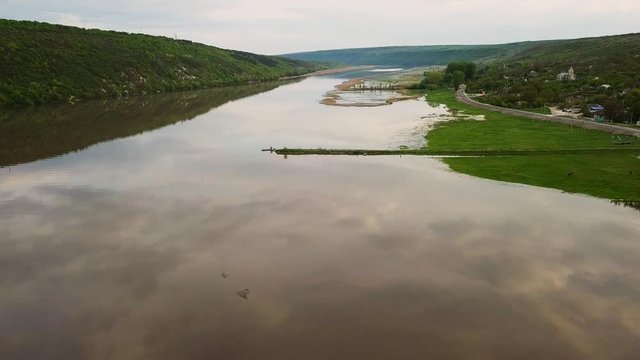 Flight over the river aat spring time. Dniester river of Moldova republic.