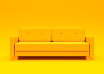 Modern sofa, couch isolated on a pastel yellow living room. Empty interior background . Minimal creative style concept. 3D rendering illustration front view