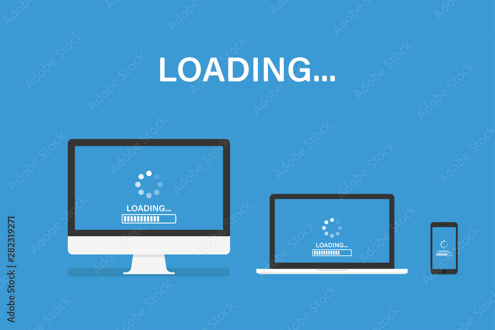 Poster Loading or update set of device. Isolated vector template. Software system updating personal computer laptop smartphone.