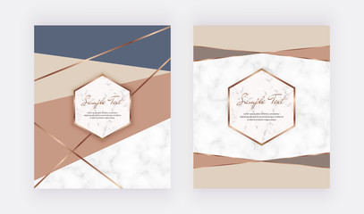 Geometric design with nude, brown and blue colors triangles shapes and golden lines. Trendy templates for wedding invitation, banner, card, flyer, poster, greeting.