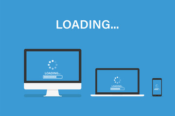 Loading or update set of device. Isolated vector template. Software system updating personal computer laptop smartphone.