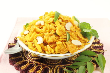 indian traditional snack food chivda,chevda farsan, bhel mix, namkin or nimco mix