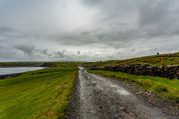 Fototapeta premium Beautiful view of a path between the sea and a stone fence on the coastal walk route from Doolin to the Cliffs of Moher, geosites and geopark, Wild Atlantic Way, rainy day in county Clare in Ireland