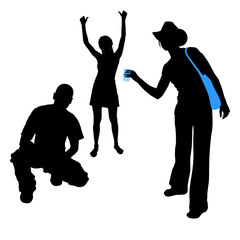 Vector isolated on white background silhouettes of tourists travelers. Girl in a cowboy hat with a glass of water in trousers.The young man squatted down. A girl in beret stands with her arms raised.