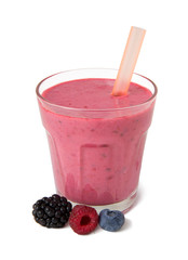 Berry mix smoothie and fresh ingredients on a white background