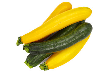 Yellow and Green Zucchini. Courgette isolated on White Background. Ugly Organic Marrow Squash. vegan Agriculture Food. Natural vegetarian Garden Greenery. Italian Market Courgettes