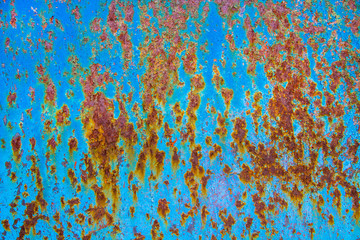 Texture of an old metal blue wall with rust, scratches, cracks, smudges and peeling paint.