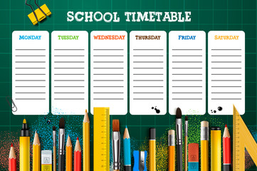 School timetable template for students or pupils. Vector Illustration.