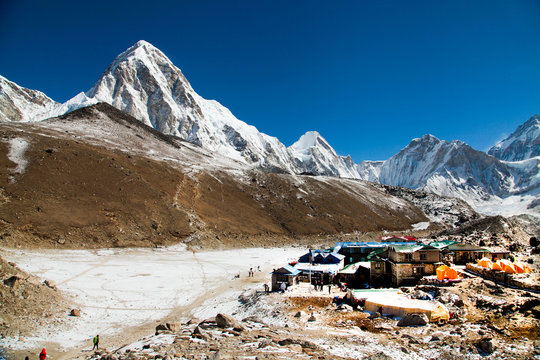 View of Mount Pumori and Kala Patthar from Gorak Shep, Everest Base Camp trek, Nepal