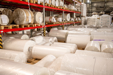 Rolled, packed and wrapped large bobbins of newly produced polyethylene film