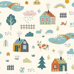 Wall murals Scandinavian style Seamless funny childish pattern with cute village. Cartoon farm landscape with country houses, pets, pond. Scandinavian style kids texture for fabric, wrapping, textile. Vector flat illustration.