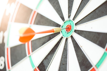 Close-up image with a dart in the bullseye of a practice target
