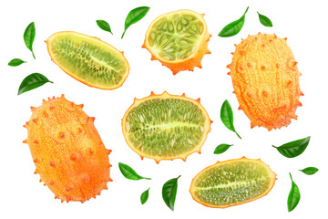 Kiwano or horned melon isolated on white background, Top view. Flat lay.