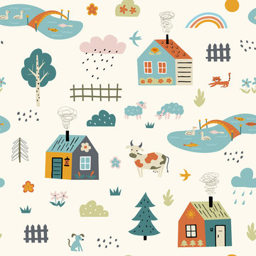 Seamless funny childish pattern with cute village. Cartoon farm landscape with country houses, pets, pond. Scandinavian style kids texture for fabric, wrapping, textile. Vector flat illustration.