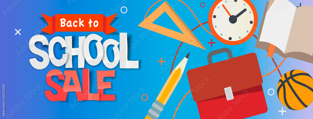 Poster Back to school Sale horizontal banner, vector illustration.