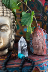 Crystal point with buddhas and mala for use with meditation, visualization and mantra to set...