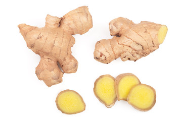 fresh Ginger root and slice isolated on white background. Top view. Flat lay