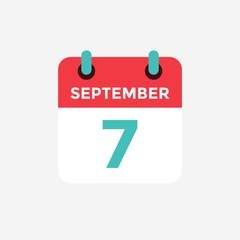 Flat icon calendar, 7 September. Date, day and month. Vector illustration.
