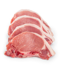 sliced raw pork meat isolated on white background. Top view. Flat lay
