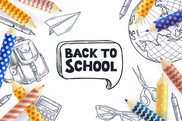 Back to school sale poster, banner design template. Vector illustration of school supplies. Creative education concept.