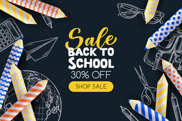 Back to school sale poster, banner design template. Vector 3d illustration of pencils and sketch school supplies.