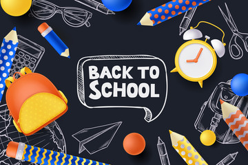 Back to school sale poster, banner. Vector 3d illustration of backpack, pencils, alarm clock. Creative education concept