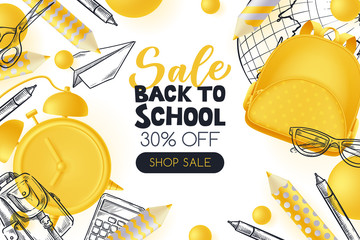 Back to school sale poster, banner design. Vector illustration of school supplies. Creative modern education concept.