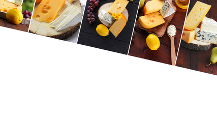 Food collage of cheese. Collage with different types of cheese. Background of dairy products on wooden boards. Copy space