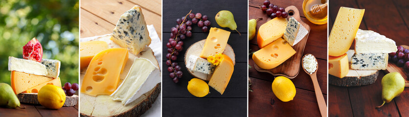 Food collage of cheese. Collage with different types of cheese. Background of dairy products on...