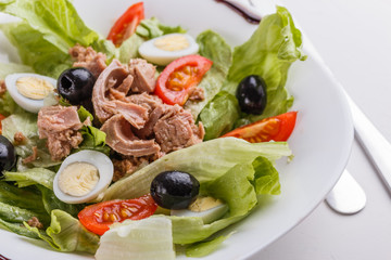 Fresh salad with iceberg lettuce,tomatoes,eggs,canned tuna and olives