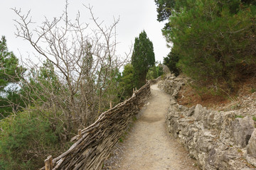 Golitsyn trail in the village of Novy Svet, Crimea. Cloudy day in early spring