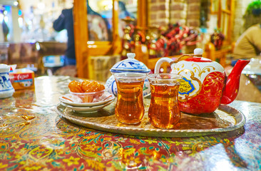 Enjoy hot tea in Azari teahouse, Tehran, Iran