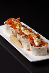 Rolls with pita and ham on white plate