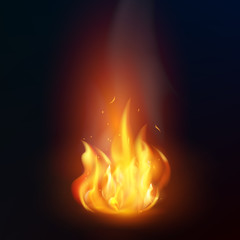 Realistic fire flame on dark background. Isolated vector illustration