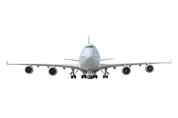 Aircraft with landing gear extended, straight ahead view isolated on white background.