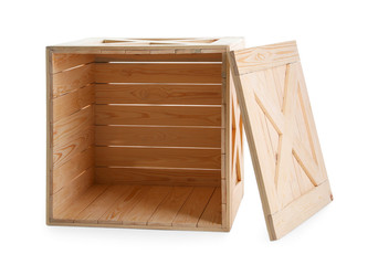 Open wooden crate with lid isolated on white
